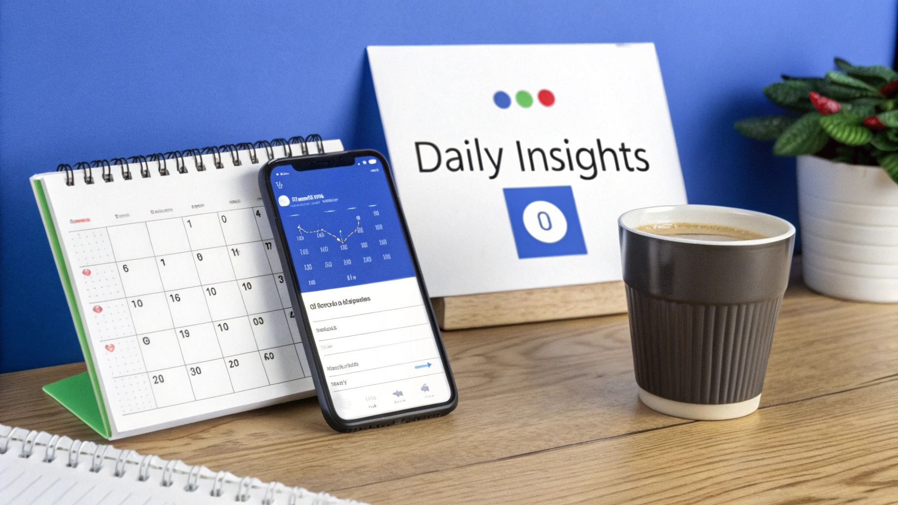 A desk setup with a smartphone displaying data insights, a calendar, a 'Daily Insights' sign, and a cup of coffee.