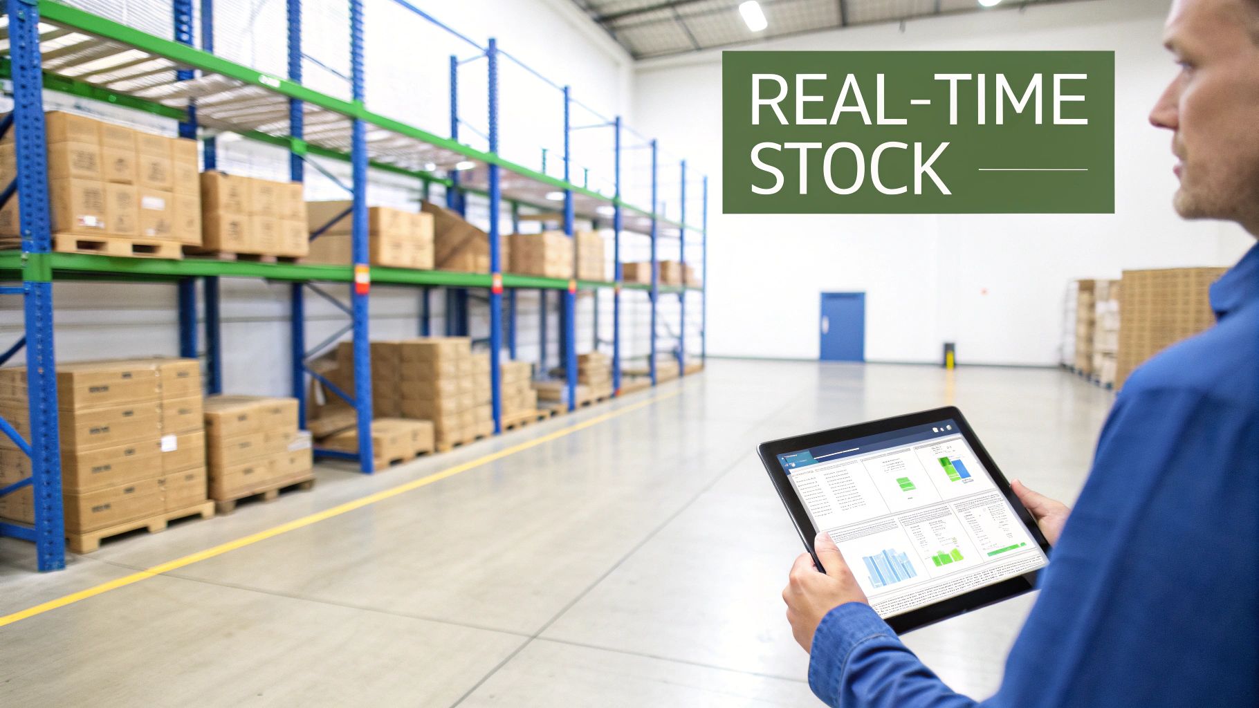 A person in a warehouse using a tablet to monitor real-time stock levels, with shelves of boxes.