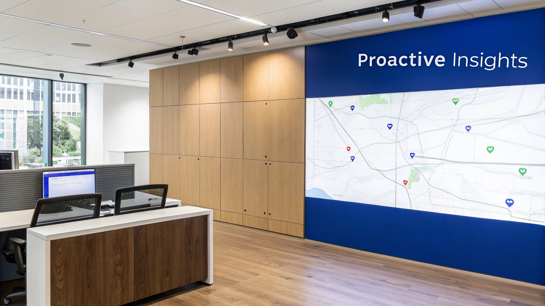 Modern office with a large screen displaying a map and 'Proactive Insights' for business intelligence.