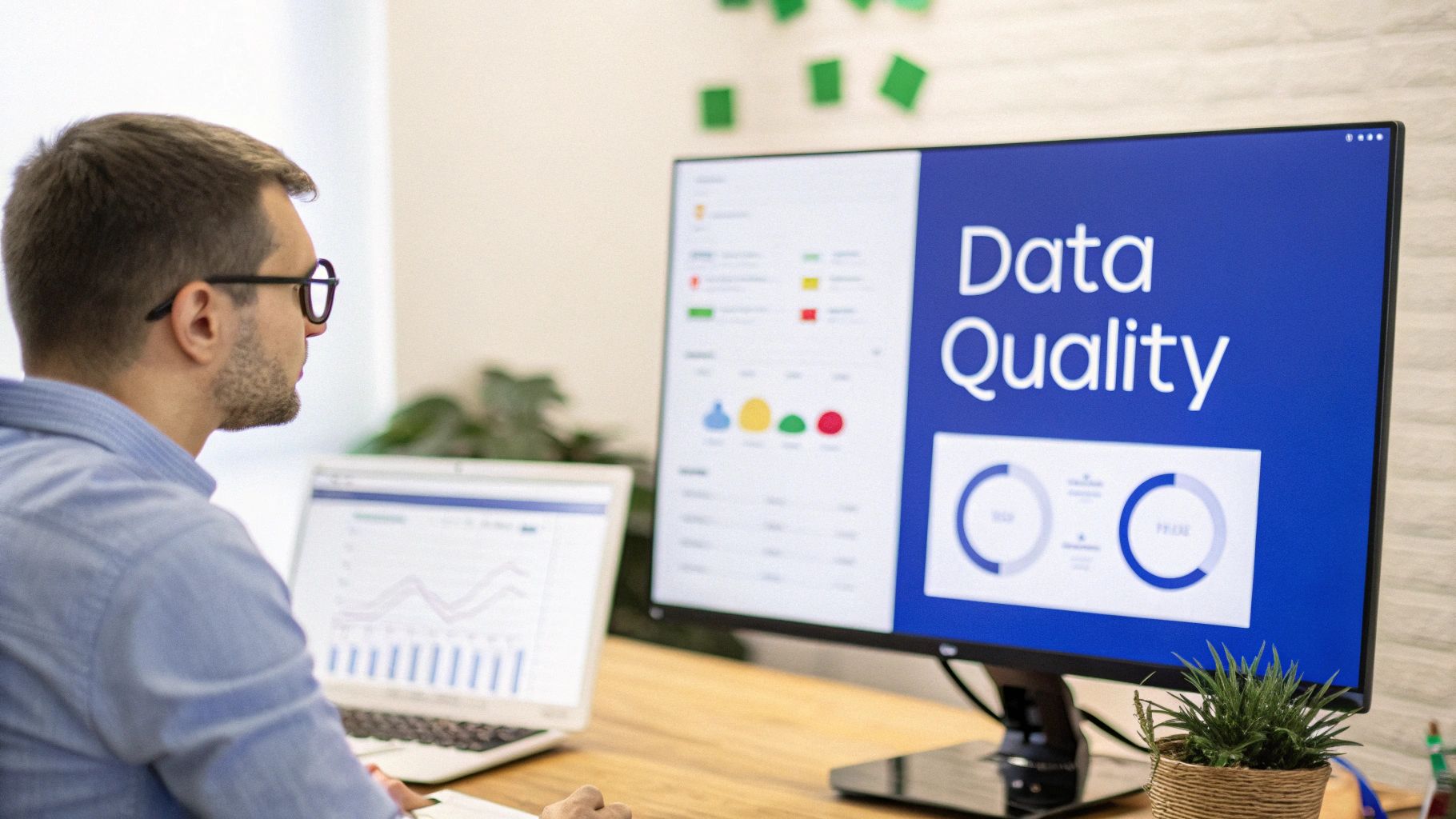 Man with glasses analyses data quality dashboards on a large computer monitor and laptop.