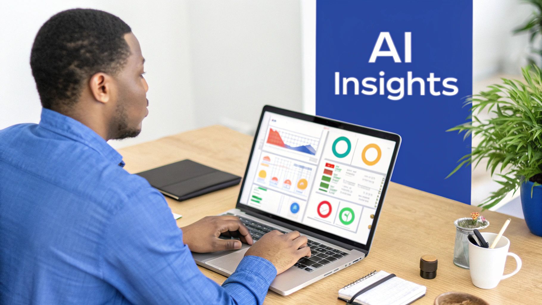 A man works on a laptop displaying data visualizations, with 'AI Insights' on a blue background.