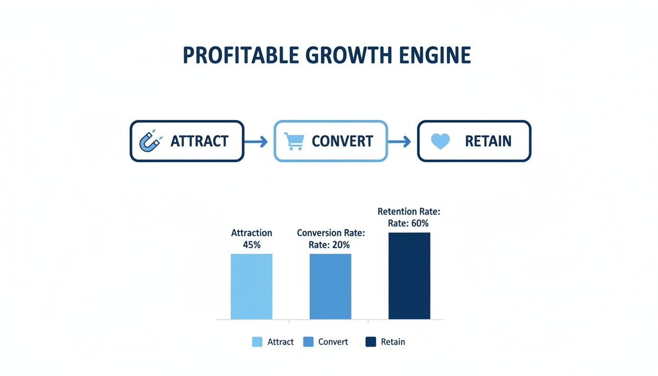 Diagram illustrating a profitable growth engine: Attract (45%), Convert (20%), Retain (60%) with a bar chart.