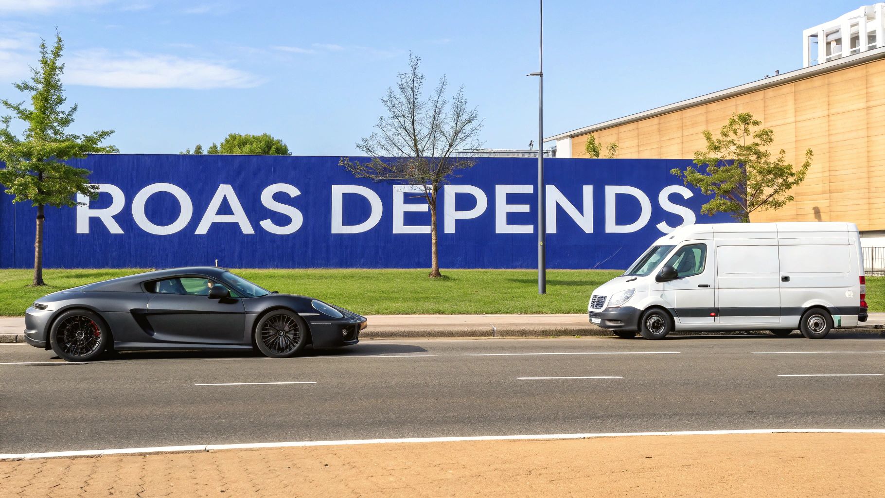 A dark gray sports car and white van on a street, next to a blue 'ROAS DEPENDS' wall.