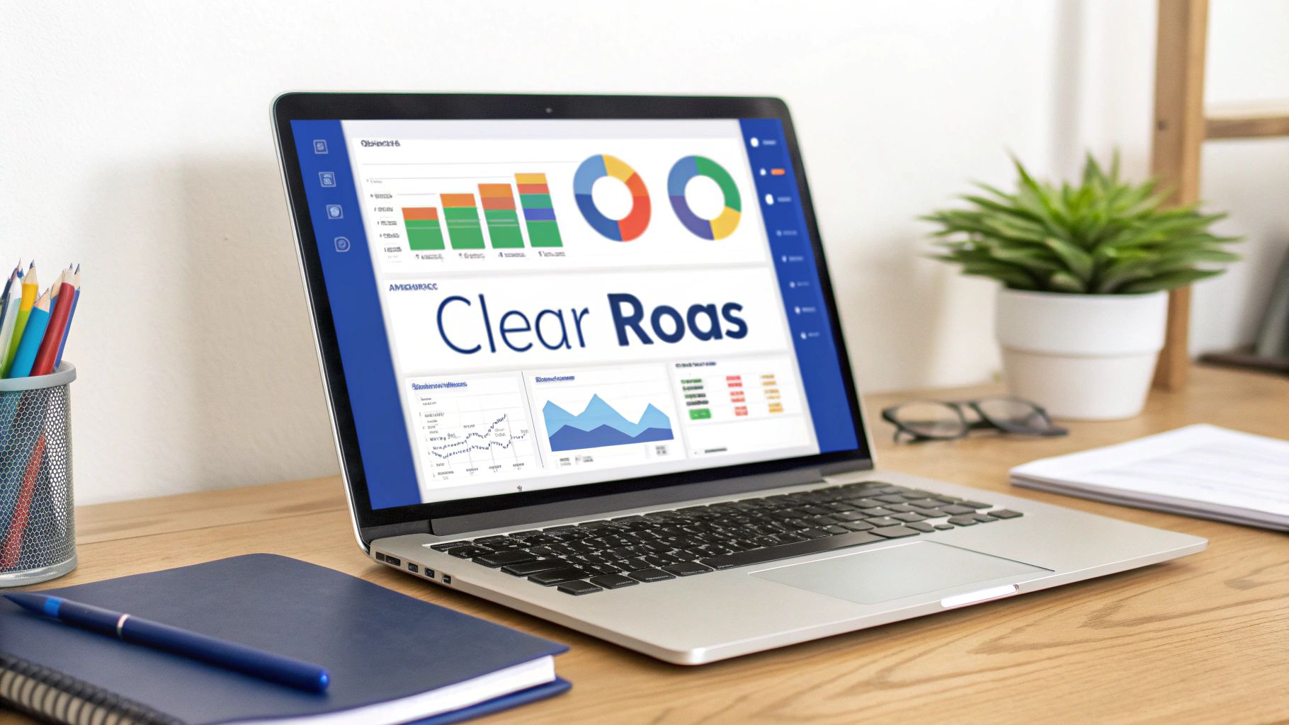 A laptop on a wooden desk displays a 'Clear Roas' dashboard with various charts and graphs.