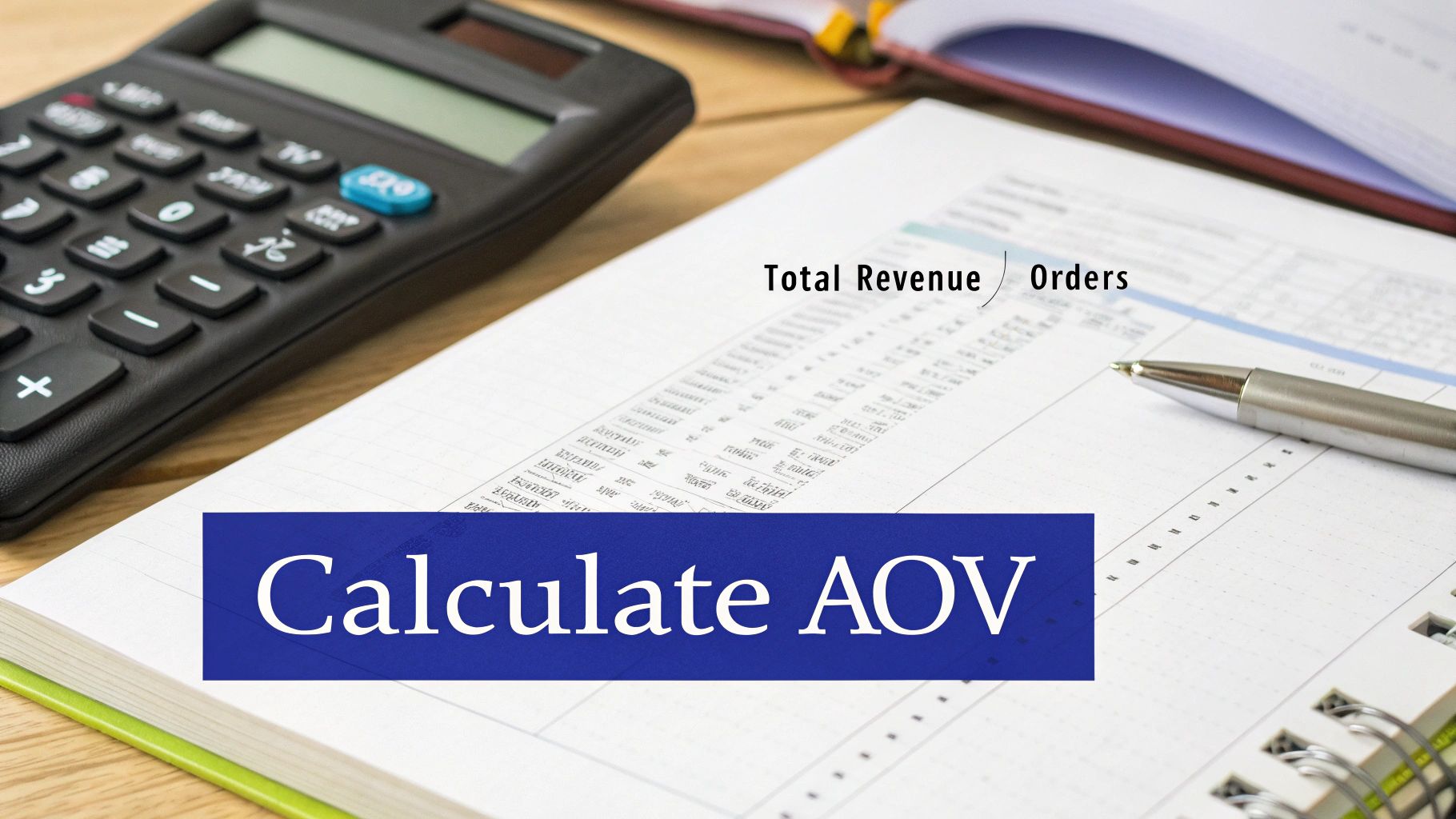 A calculator, pen, and notebook displaying 'Total Revenue', 'Orders', and 'Calculate AOV' for business metrics.