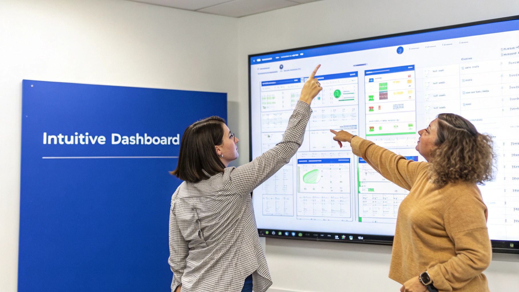 Two women collaborate, pointing at an interactive digital dashboard with business data on a large screen.
