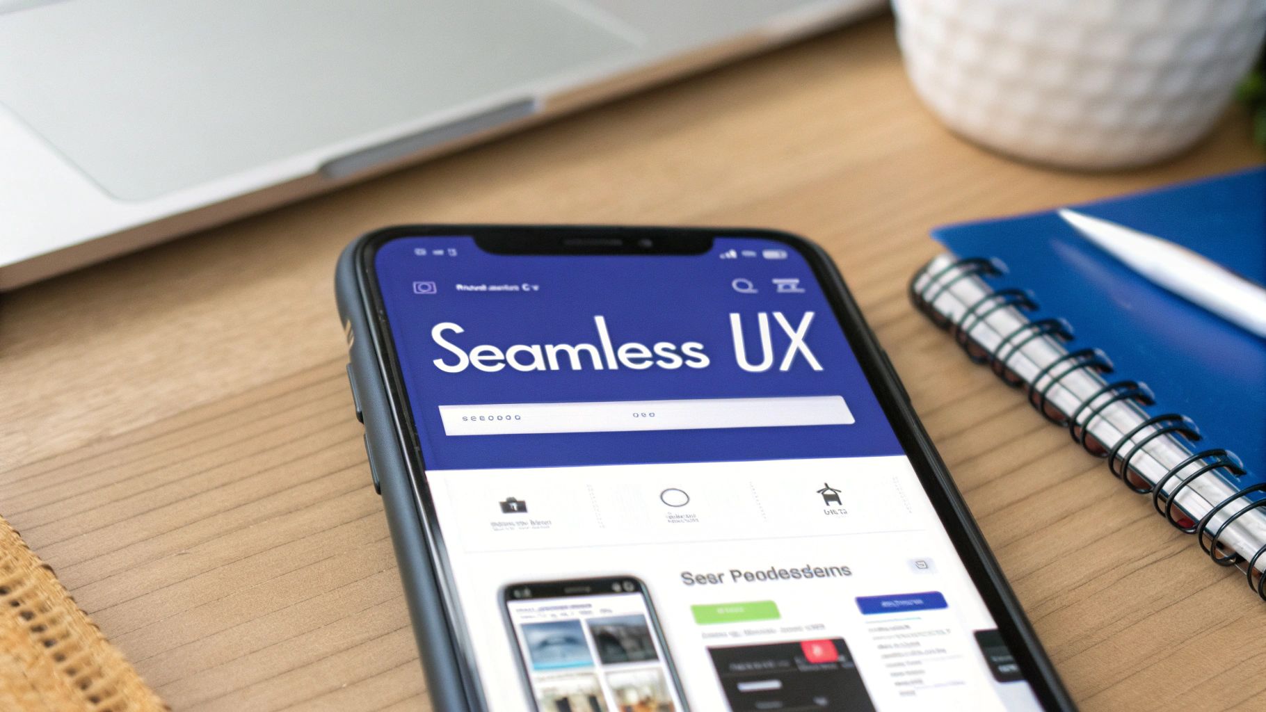 A close-up of a smartphone displaying 'Seamless UX' on its screen, placed on a wooden desk.