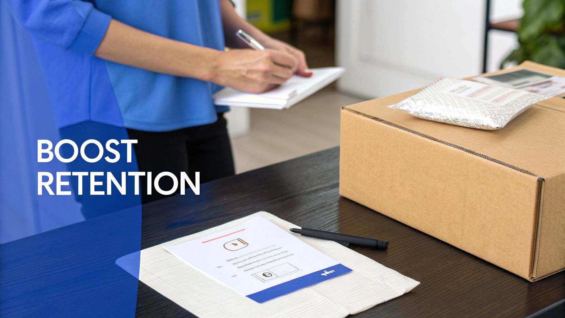 A person signs a delivery document on a dark table next to a brown cardboard box and a small package.