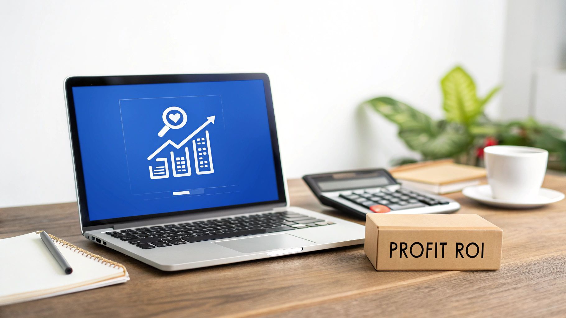 A laptop displays financial growth icons next to a 'PROFIT ROI' box, calculator, and notebook on a wooden desk.