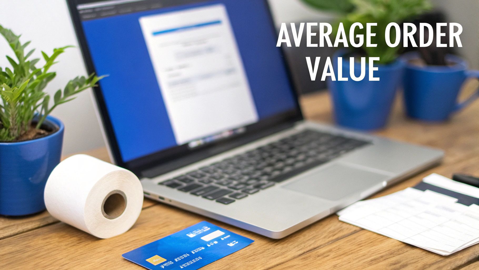 A laptop on a wooden desk displays an online order form, with a credit card and receipt roll. Text overlay: AVERAGE ORDER VALUE.