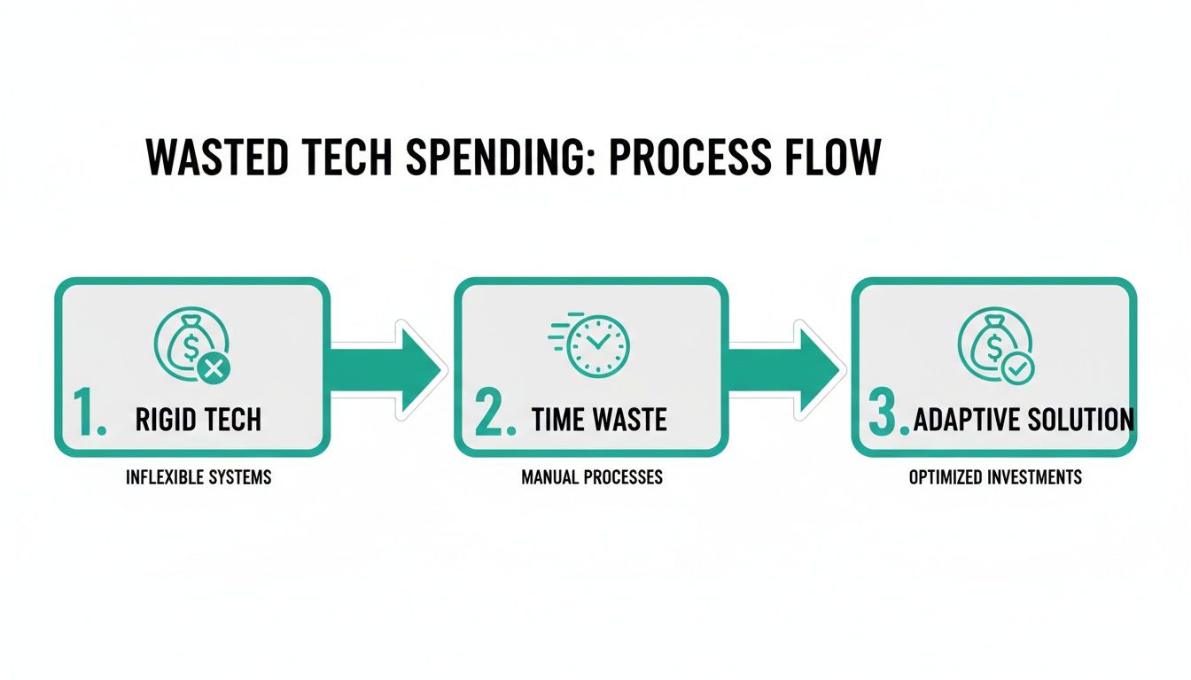 Process flow showing wasted tech spending from rigid systems to time waste, solved by adaptive solutions for optimized investments.