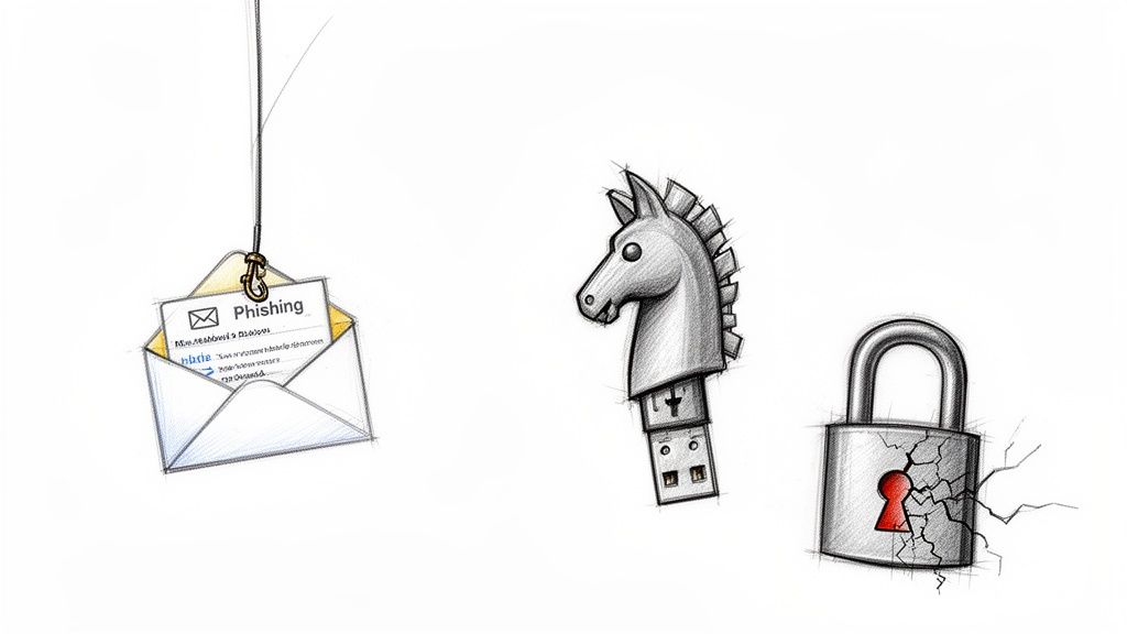 Pencil drawing of phishing email on a fishing hook, a Trojan horse USB, and a cracked padlock.
