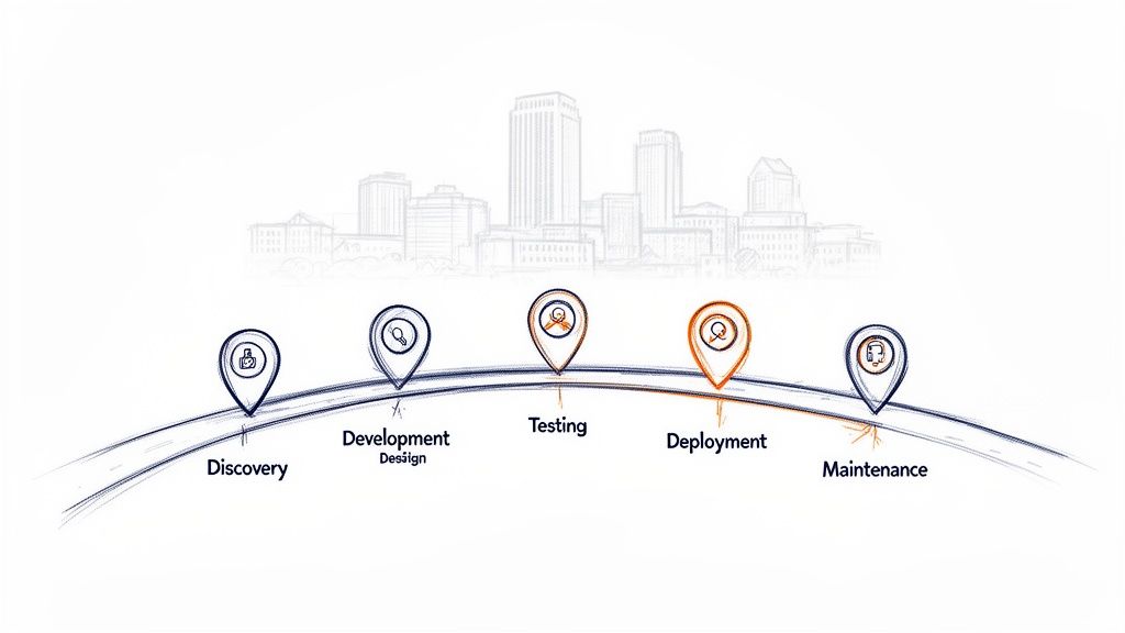 A roadmap illustrating the enterprise software development lifecycle, from discovery to maintenance, with a city skyline.