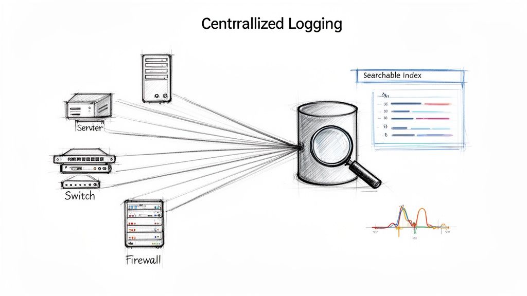 Centralized logging diagram showing various network devices sending logs to a searchable data store for analysis.