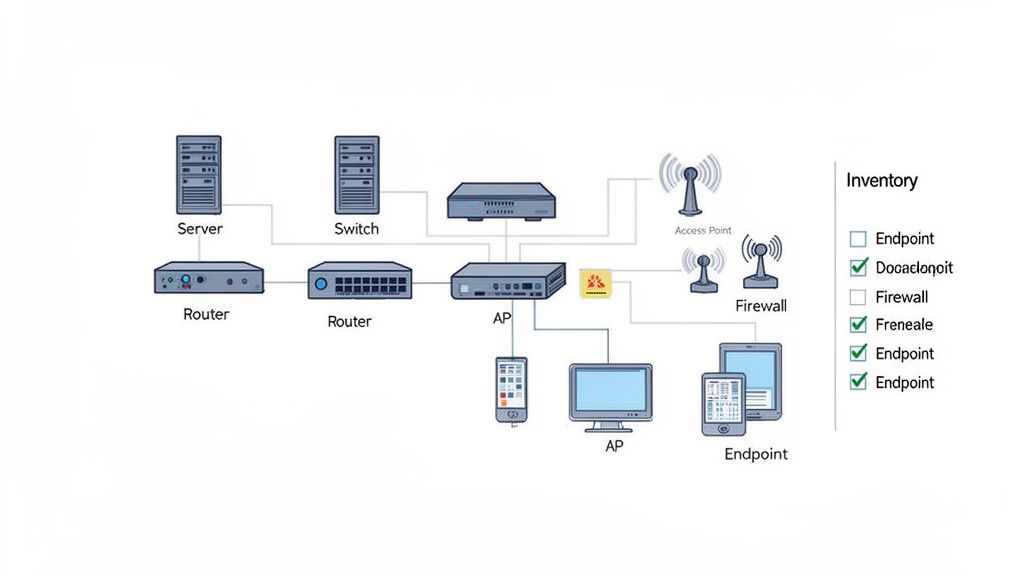 A detailed network diagram illustrating various IT infrastructure components like servers, routers, switches, firewalls, and endpoints, with an inventory checklist.