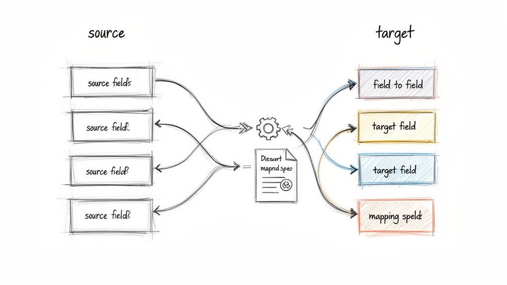 A diagram illustrating the data mapping process from multiple source fields to various target fields via a mapping specification.