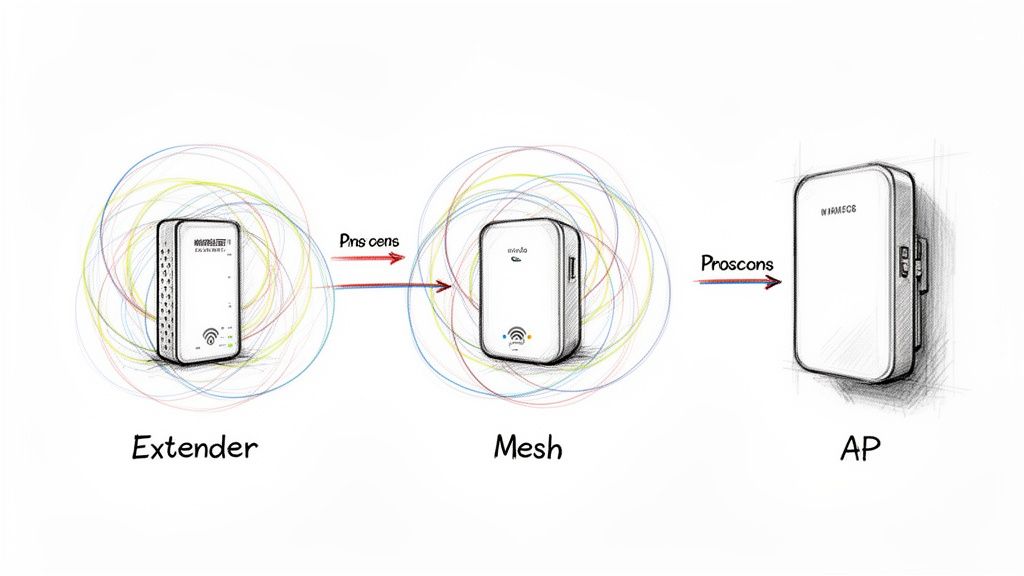 A diagram comparing three Wi-Fi network devices: an Extender, a Mesh system, and an AP (Access Point), illustrating their relationship.