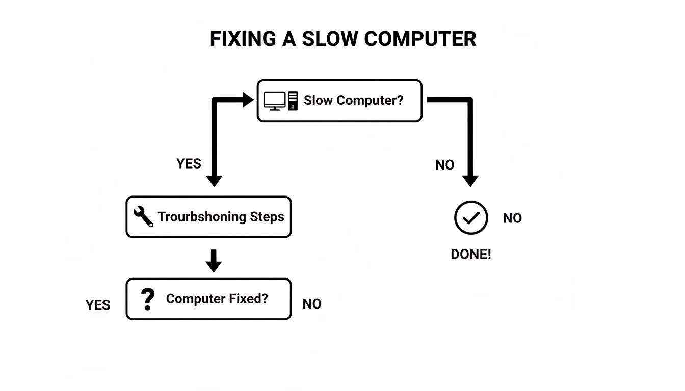 A flowchart detailing steps to fix a slow computer, including troubleshooting and checking if the issue is resolved.
