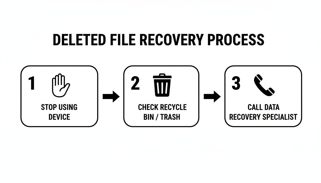 Infographic illustrating a 3-step deleted file recovery process: stop using device, check recycle bin, and call a specialist.
