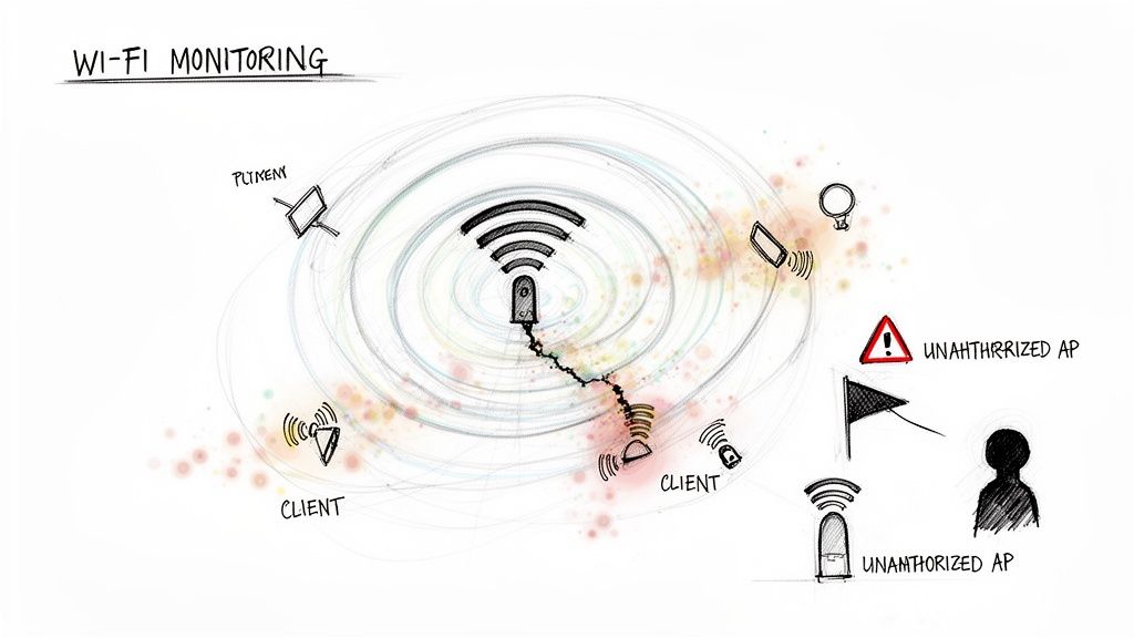 Sketch illustrating Wi-Fi network monitoring with clients, a central AP, and unauthorized access point detection.