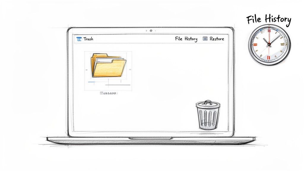 Sketch of a laptop screen showing Trash, File History, and Restore options for file recovery.