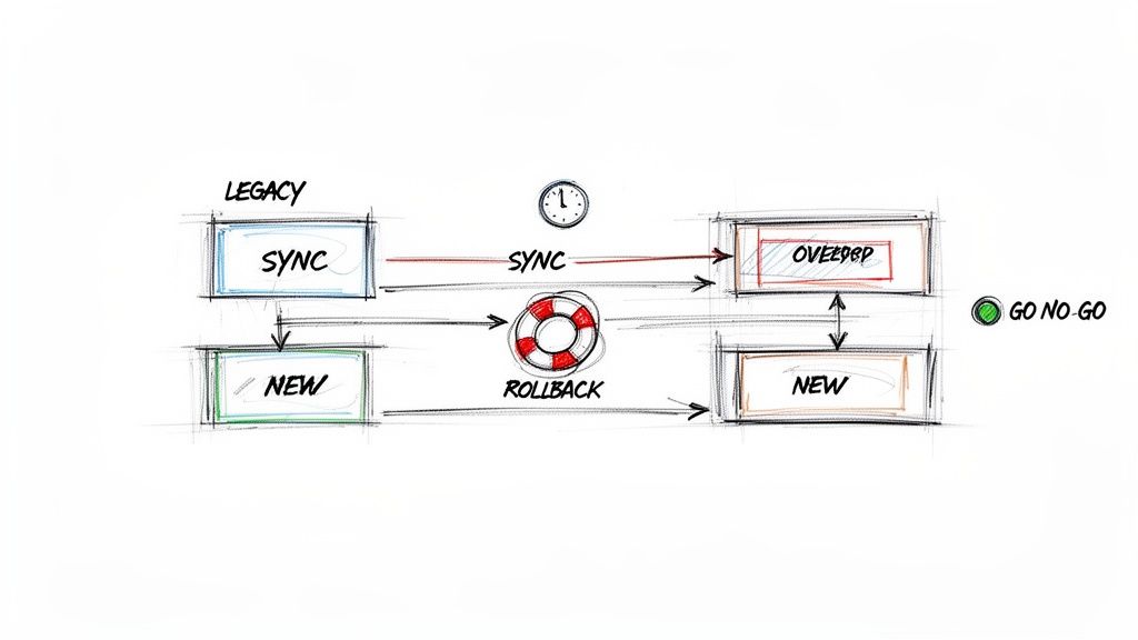Diagram showing a data migration process with legacy and new systems, sync, overlap, and rollback stages.