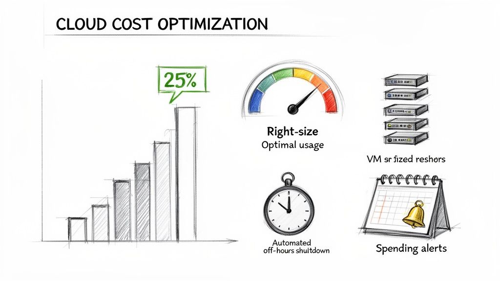 Illustration detailing cloud cost optimization strategies, showing savings, right-sizing, automated shutdowns, and spending alerts.