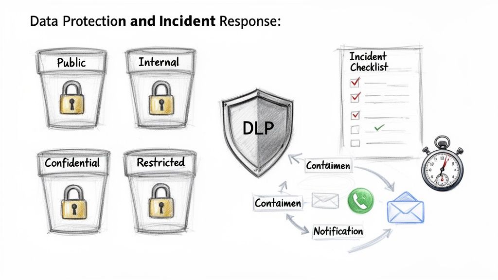 Diagram illustrating data protection and incident response, showing data classification, DLP, and a checklist.