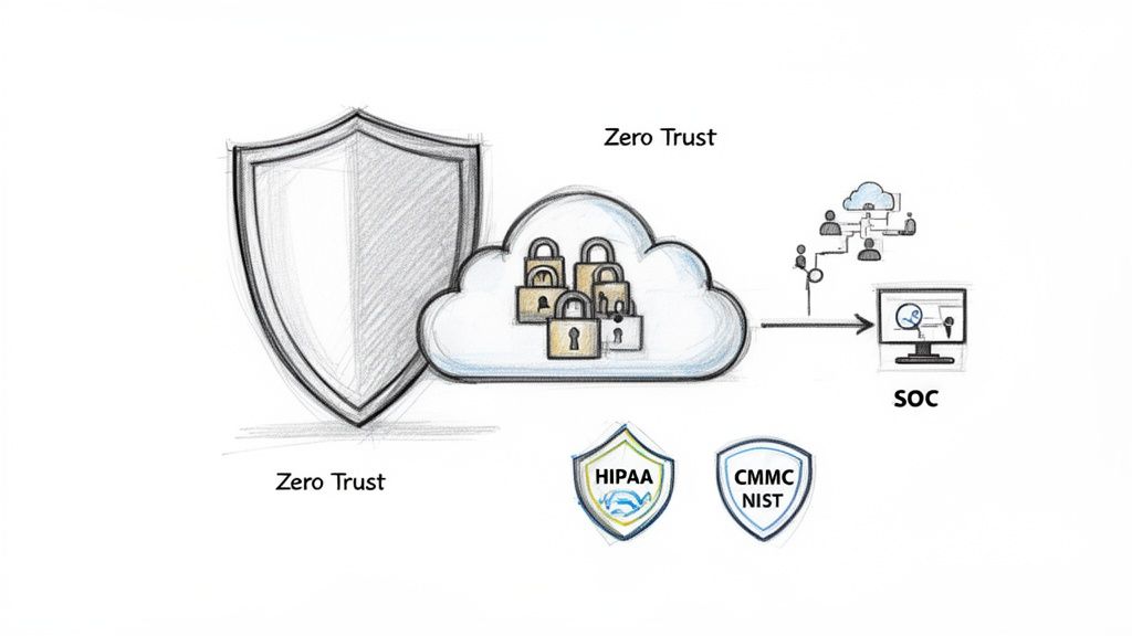 Diagram showing Zero Trust security protecting cloud data, monitored by SOC, with HIPAA and CMMC NIST compliance.