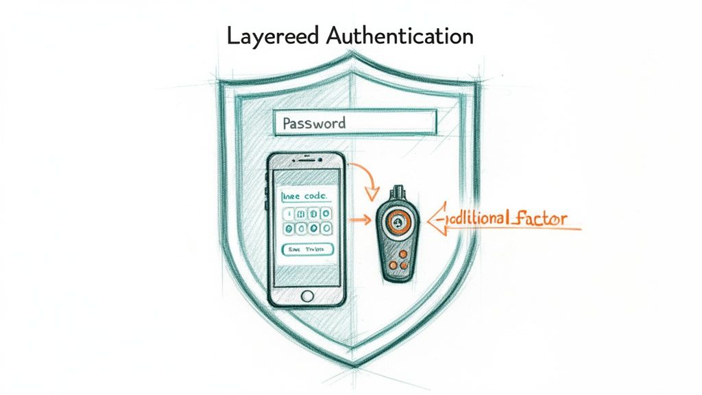 A shield graphic illustrating layered authentication with a password, smartphone code, and hardware security token.