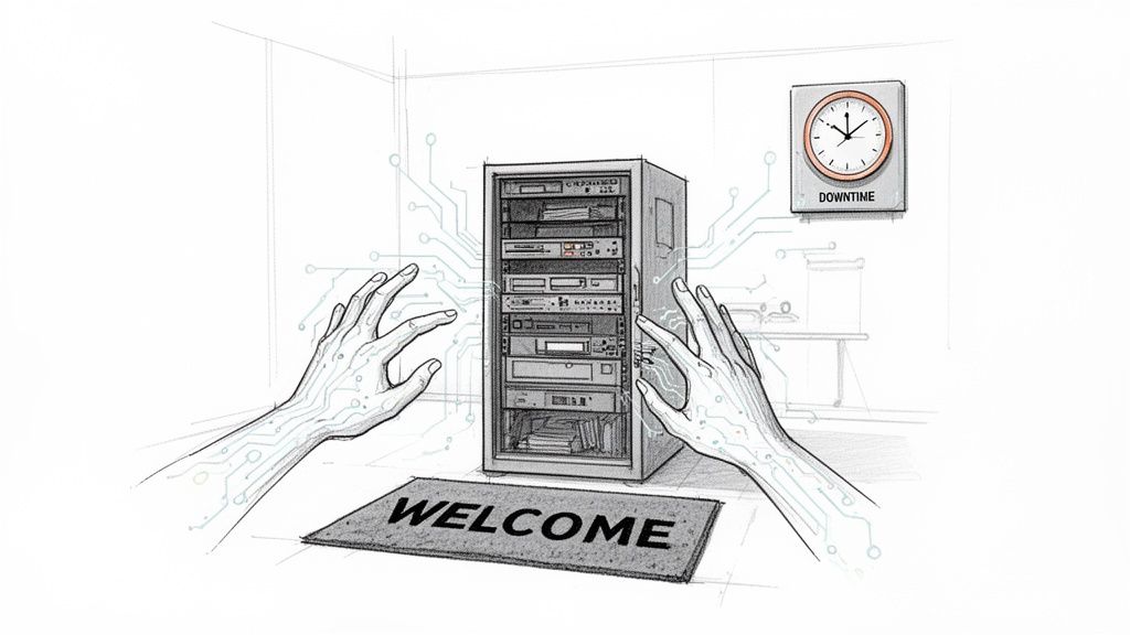 A sketch depicting digital hands interacting with a server rack, emphasizing 'Downtime' and 'Welcome'.