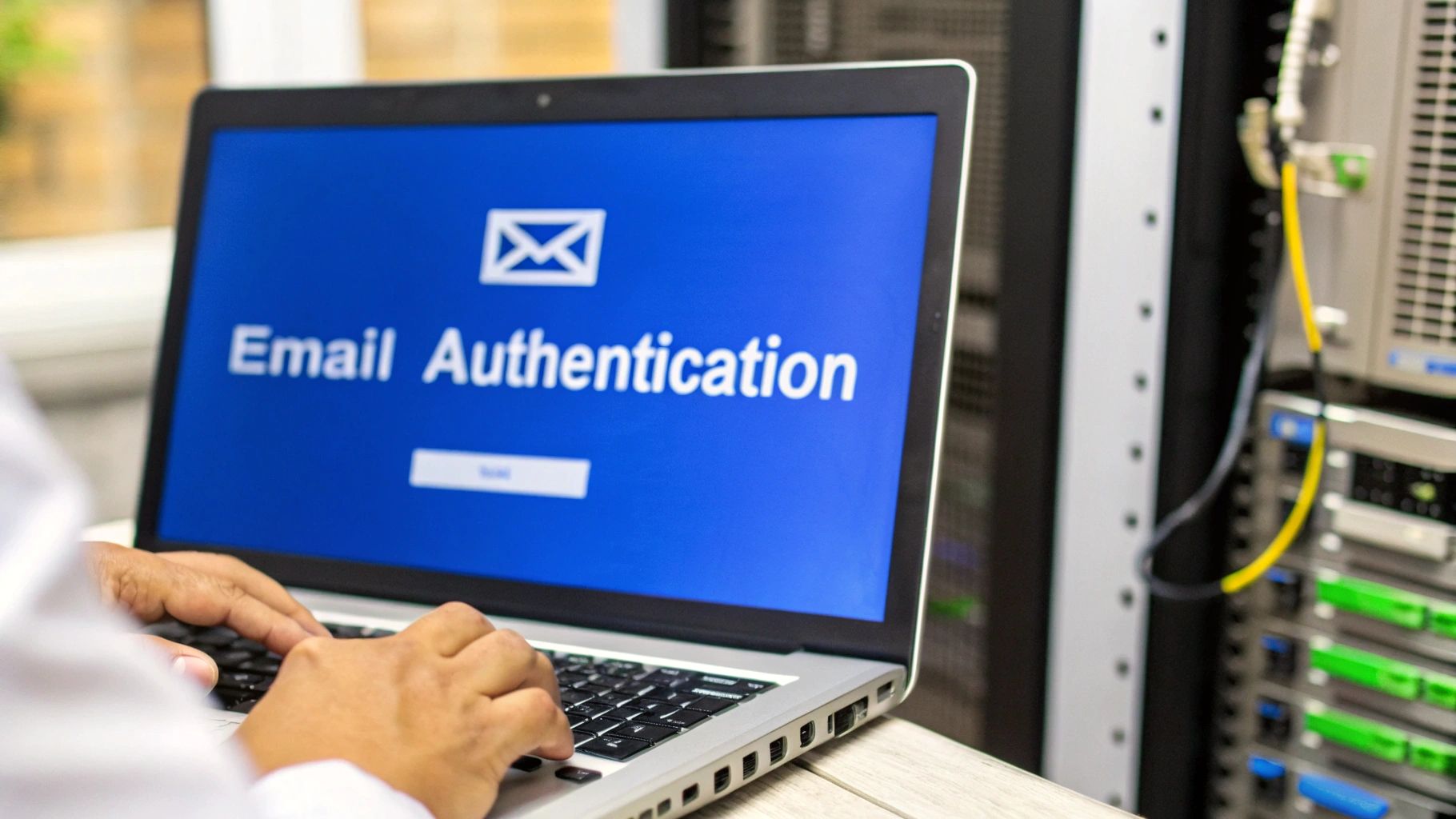 Hands typing on a laptop with 'Email Authentication' displayed on screen, next to a server rack.