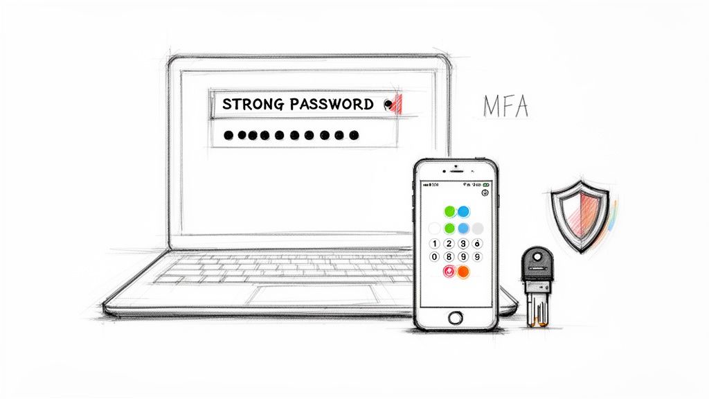 A sketch illustrating digital security with strong passwords, multi-factor authentication (MFA), and a security key.