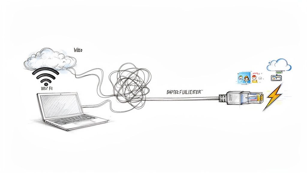 Illustration: laptop with slow Wi-Fi and tangled cables transforms into fast, direct wired Ethernet connection.