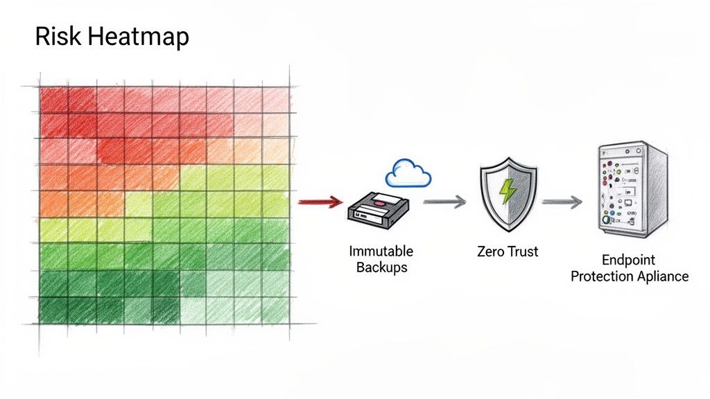 A diagram illustrating a risk heatmap and the flow of immutable backups, zero trust, and endpoint protection for cybersecurity.
