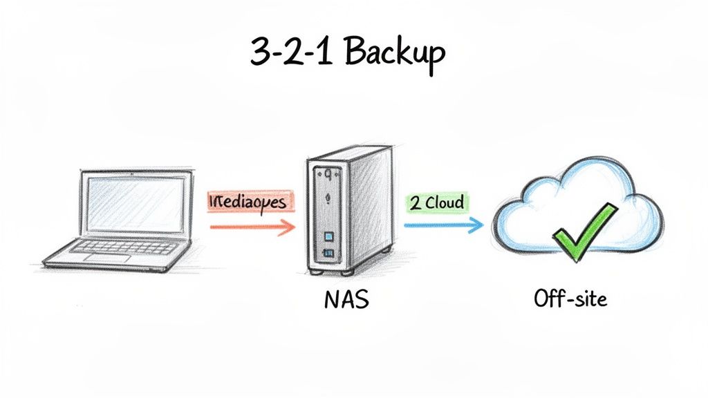 Illustration of the 3-2-1 backup strategy: laptop to NAS, then to off-site cloud storage.