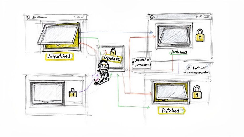 A diagram illustrates updating an unpatched system to a secure, patched state, preventing ransomware.