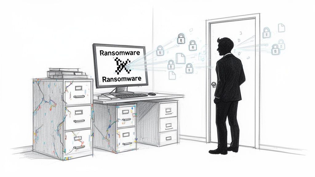 A sketch shows a computer displaying 'Ransomware' and corrupted data moving towards a person.