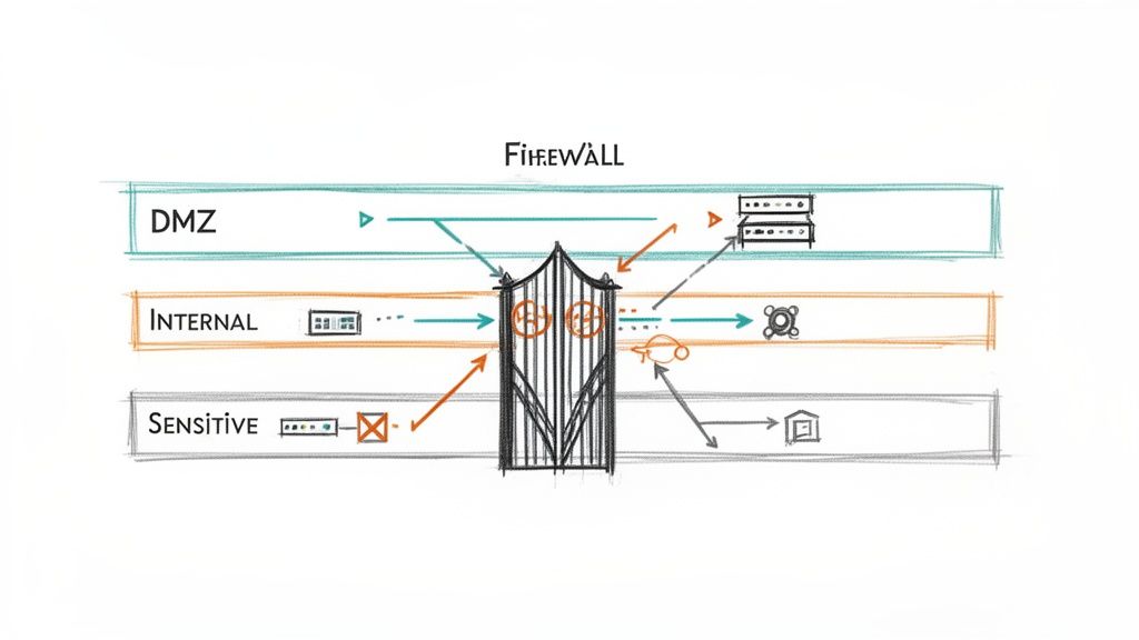 A network diagram shows a firewall controlling traffic between DMZ, Internal, and Sensitive network zones.