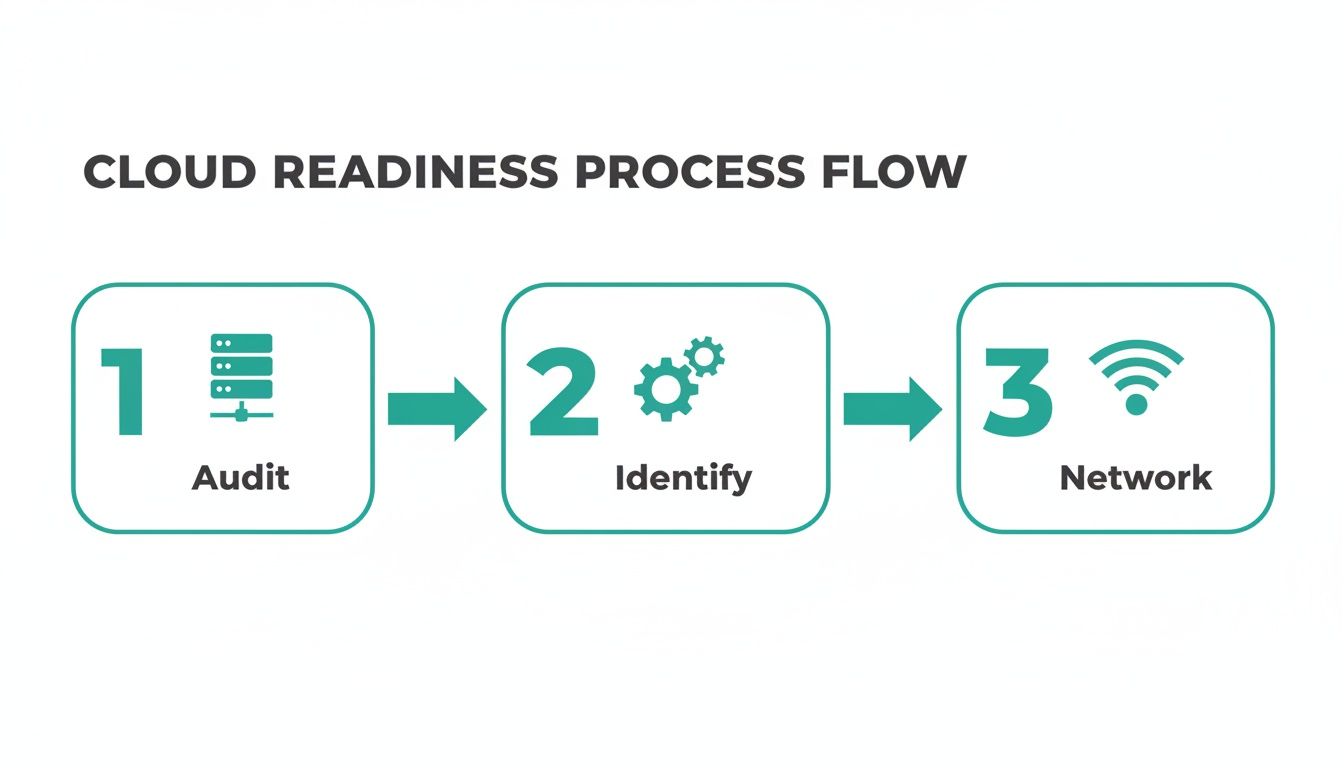 Flowchart illustrating the cloud readiness process: Audit, Identify, and Network stages.