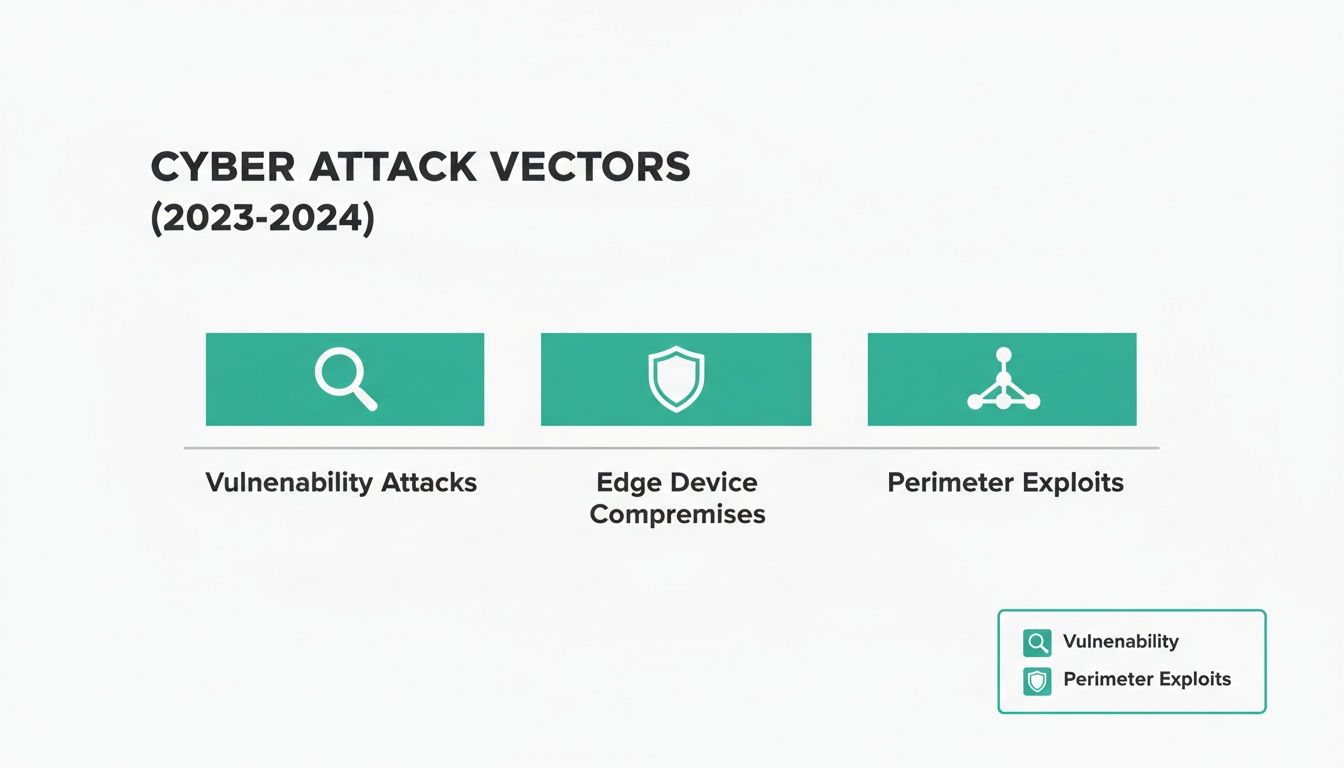 A list of cyber attack vectors for 2023-2024, including vulnerability attacks, edge device compromises, and perimeter exploits.