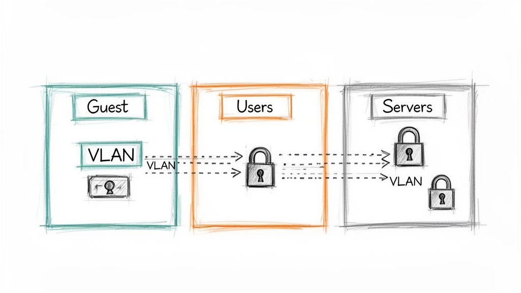 Diagram illustrating network segmentation using VLANs between Guest, Users, and Servers for enhanced security.