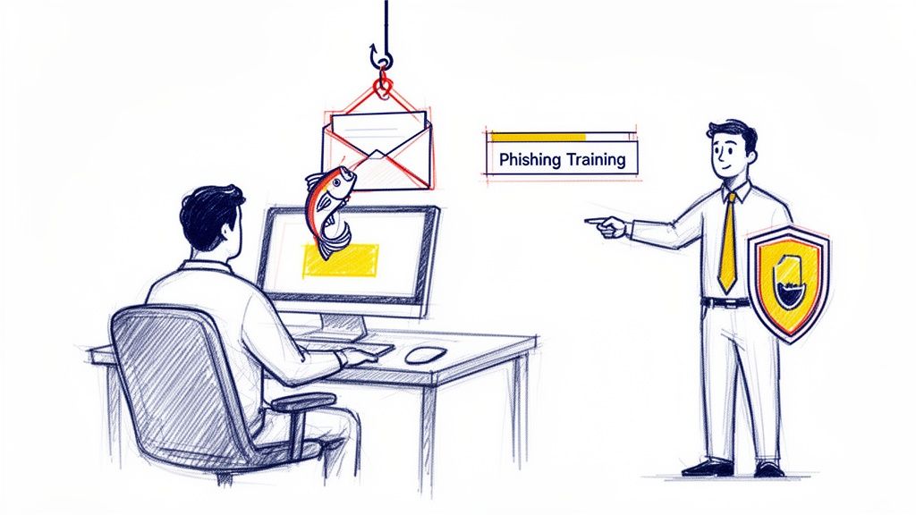 Illustration of a man at a computer with a phishing email lure, while another man points to 'Phishing Training' and holds a security shield.