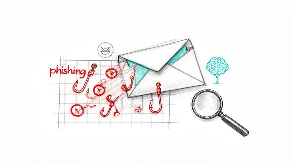A sketch illustrating email phishing with red hooks emerging from an envelope, magnifying glass, and a brain icon.
