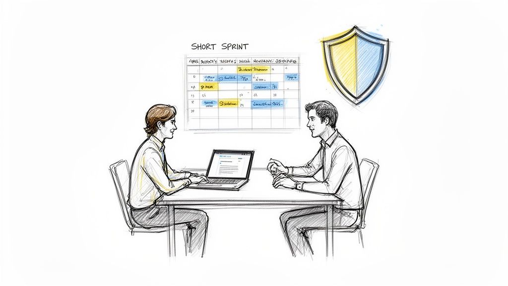 Two men discuss project planning with a laptop, a sprint calendar, and a shield icon.