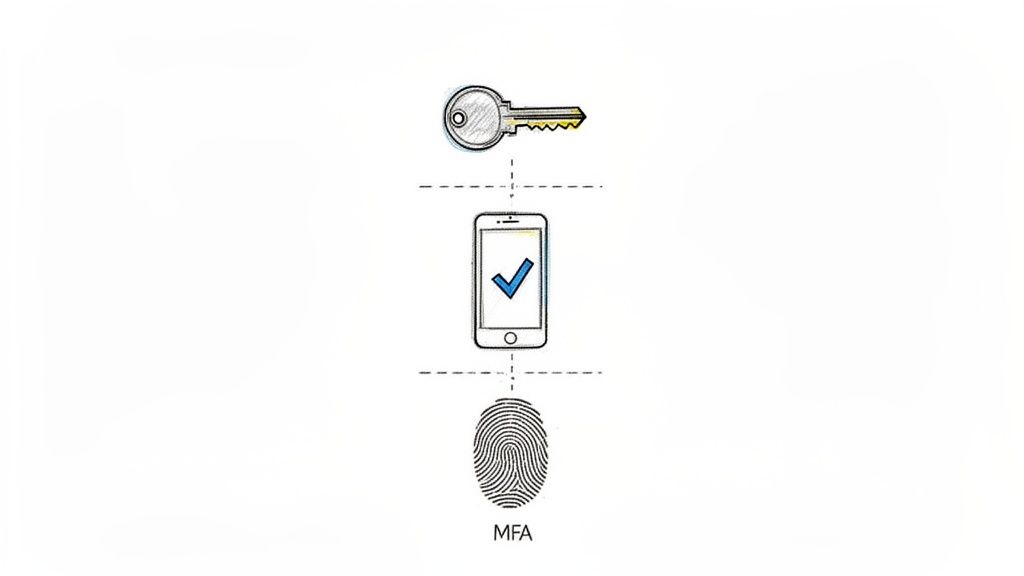 A diagram shows a key, a smartphone with a checkmark, and a fingerprint labeled MFA, illustrating multi-factor authentication.