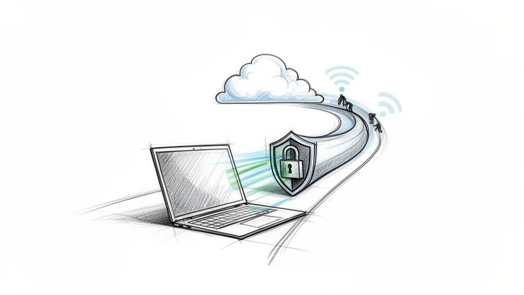 Sketch illustrating a laptop securely connected to a cloud server with a shield and padlock.