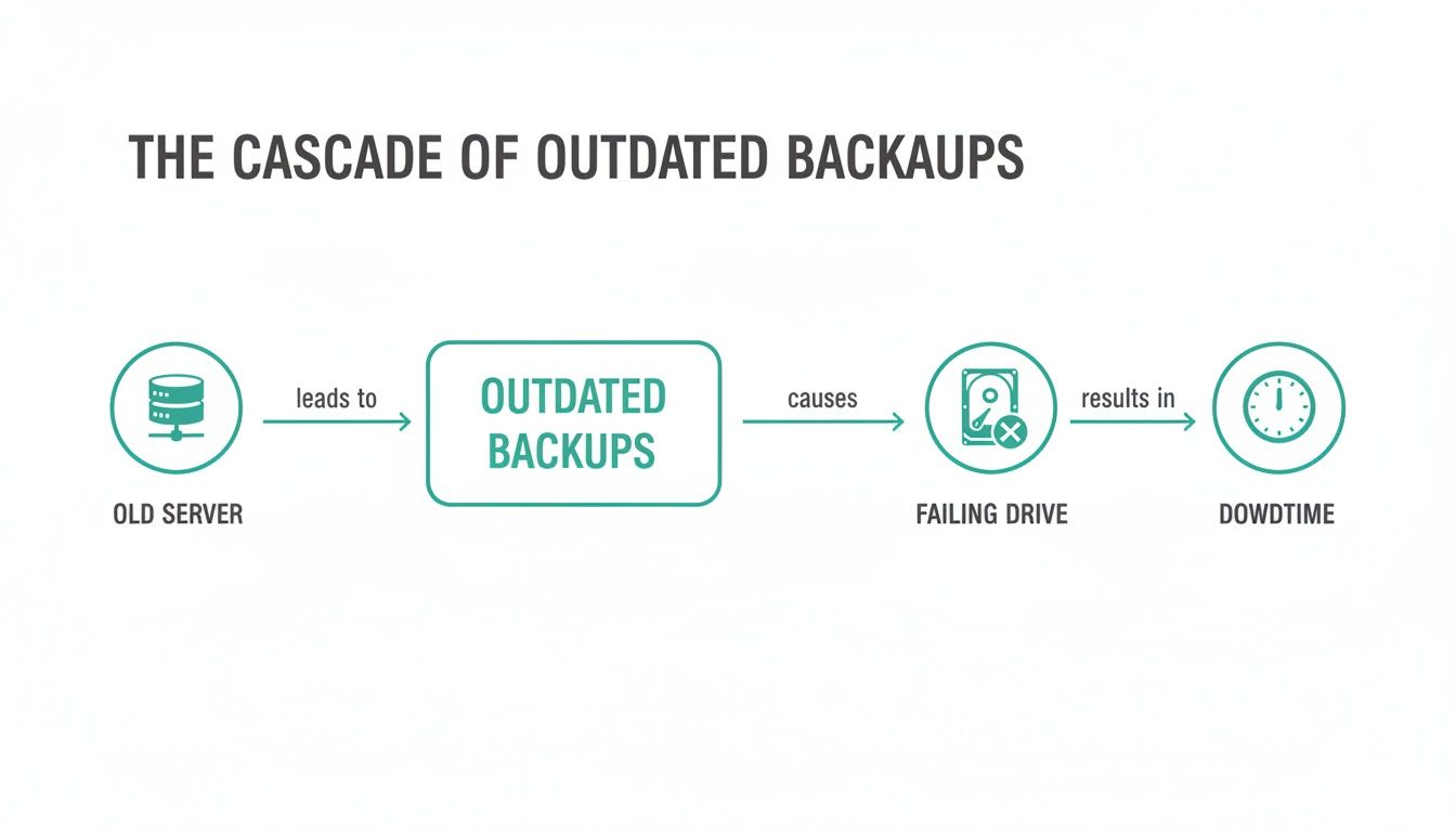 A flowchart illustrates how an old server leads to outdated backups, causing a failing drive and resulting in downtime.