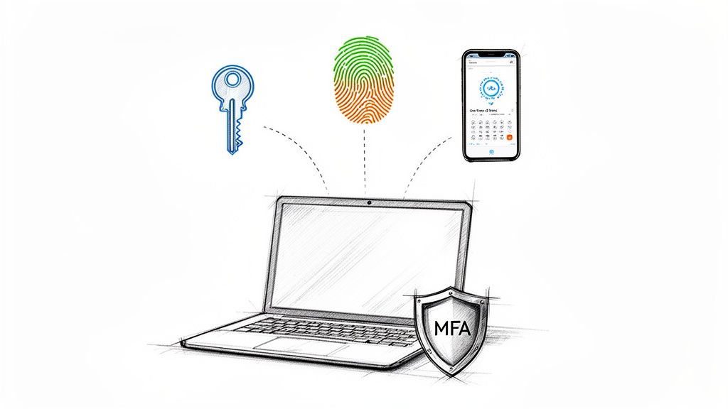 A laptop with a shield labeled MFA, illustrating multi-factor authentication with a key, fingerprint, and smartphone.
