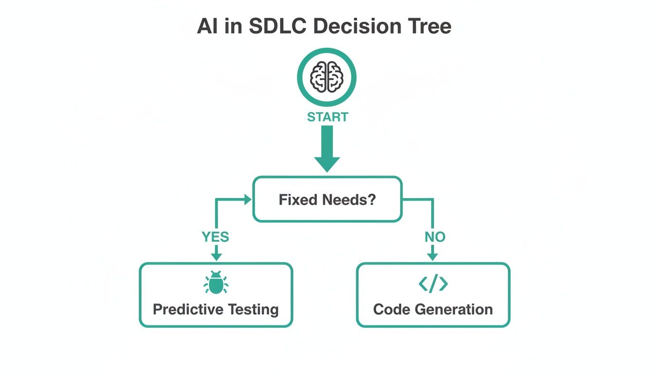 Decision tree illustrating AI applications in SDLC based on project needs: predictive testing or code generation.